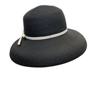 Vintage White House Black Market Womens Black & Beige Wide Brim Paper Straw Flop